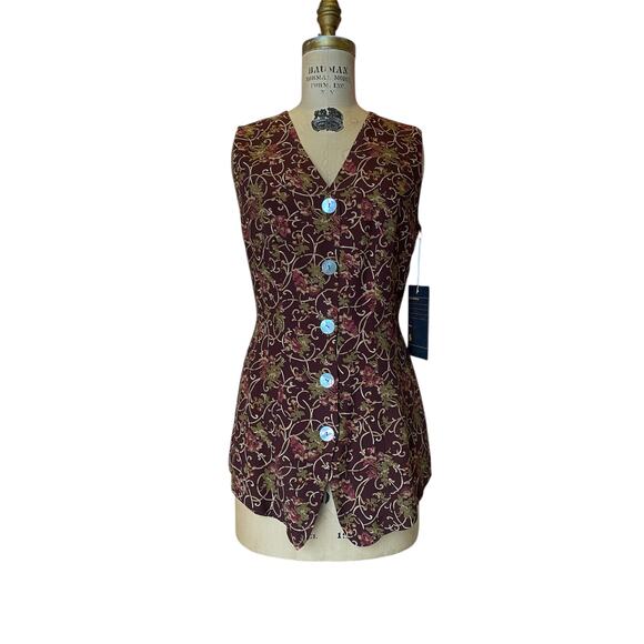 vintage 1990s burgundy vest floral scrolls s/m 90s fashion sleeveless tunic y2k - Picture 7 of 7